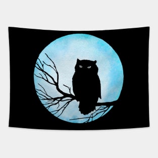 Scary Vintage Owl and Silver Blue Watercolor Moon Tapestry