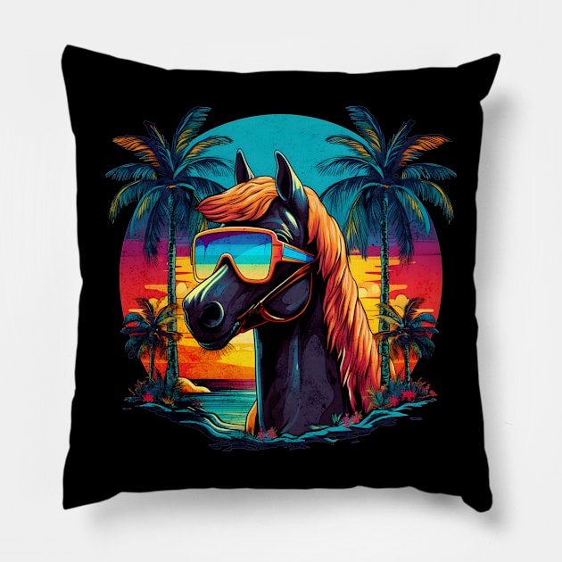 Retro Wave Thoroughbred Horse Pillow by Miami Neon Designs