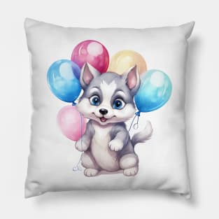 Siberian Husky Dog Holding Balloons Pillow