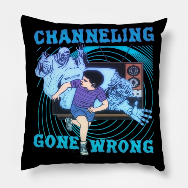 Channeling Gone Wrong - Ghosts Coming From The TV - Funny Retro Halloween Horror Illustration Pillow by blueversion