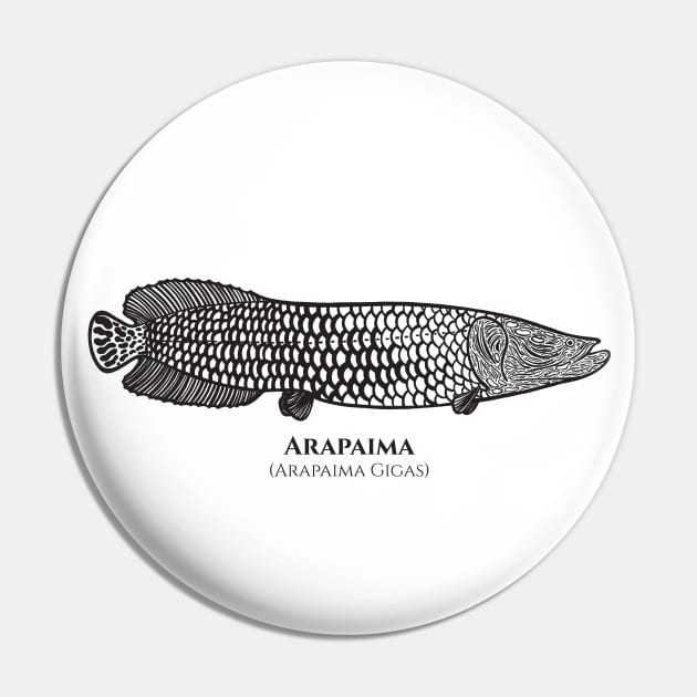 Arapaima with Common and Latin Names - fish design - black and white Pin by Green Paladin