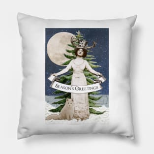 Forest Fir and Arctic Fox Seasons Greetings Pillow