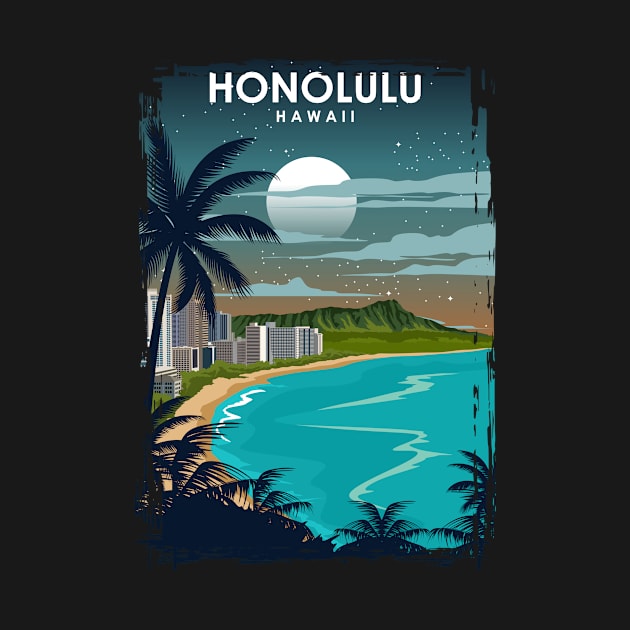 Honolulu Hawaii Travel Poster at Night by jornvanhezik