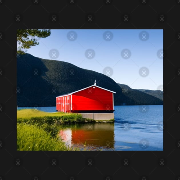 Red Boathouse on Lake by MtWoodson