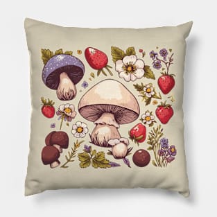 Vintage Cottagecore Mushrooms and Strawberries Pillow