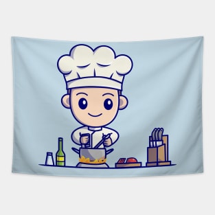 Cute Boy Chef Cooking In Kitchen Cartoon Tapestry