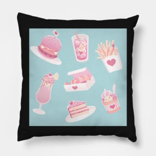 Pink Kawaii Fast Food (on blue) Pillow