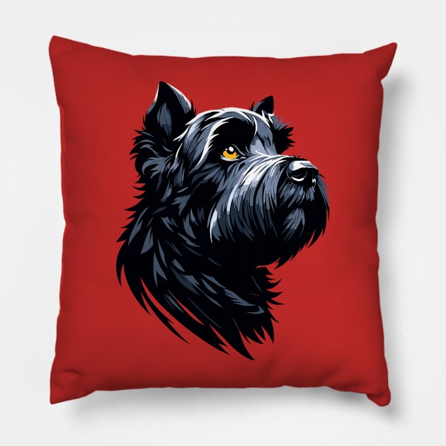 Stunning and Cool Black Russian Terrier Monochrome and Gold Portrait for Father's Day Pillow by ArtRUs