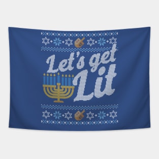 Funny Ugly Hanukkah Sweater, Let's Get Lit Menorah Tapestry