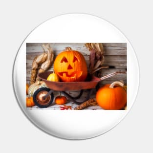 Carved Pumpkin In Old Wheelbarrow Pin