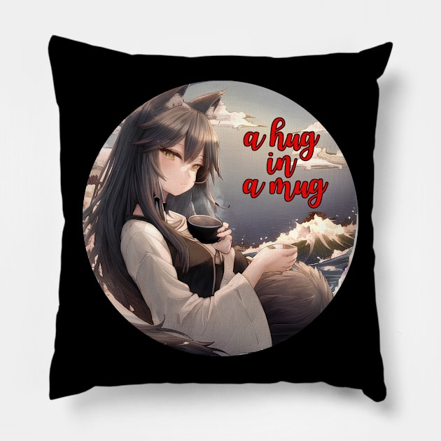 Cute Wolf Girl Drinking Tea with Great Waves on Background Pillow by Starlight Tales