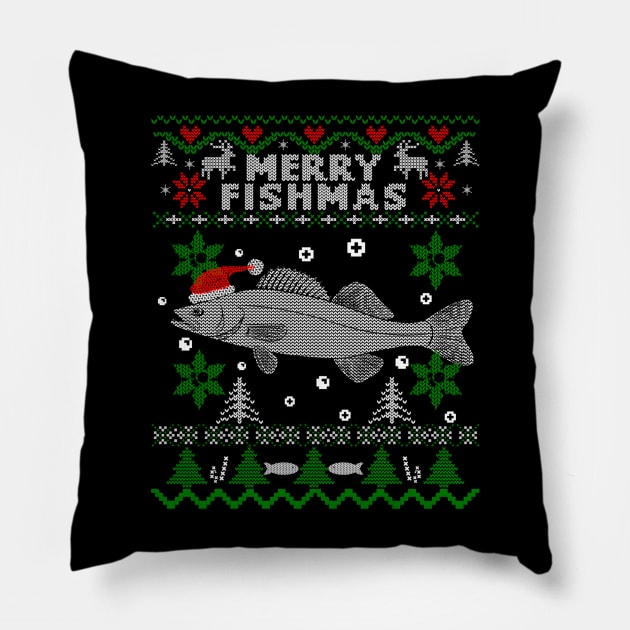 Merry Fishmas Walleye Fisherman Fishing Ugly Christmas Pillow by kasperek