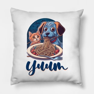 Funny Little Cat and Dog Eating Spaghetti Pillow