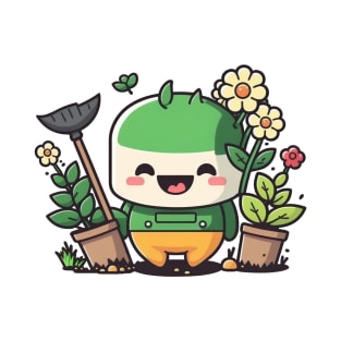 Cute happy kawaii gardener surrounded by beautiful flowers T-Shirt