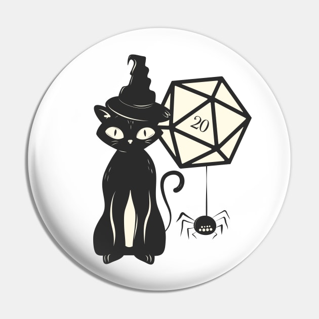 Halloween Cat with Polyhedral D20 Dice of the Witch Pin by dungeonarmory