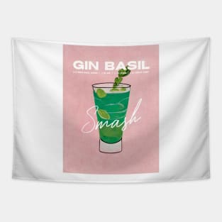 Gin Basil Smash Retro Poster Pink Bar Prints, Vintage Drinks, Recipe, Wall Art Tapestry