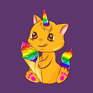 Rainbow Pride Caticorn Kawaii Anime with Ice cream T-Shirt