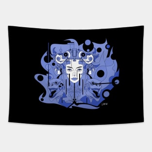 blue techno heaven ecopop in mask art portrait madness Tapestry