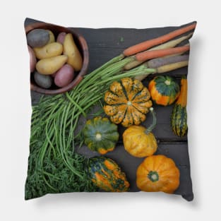 Top down view of multicolored carrots, fingerling Potatoes and Pumpkins in Autumn season Pillow