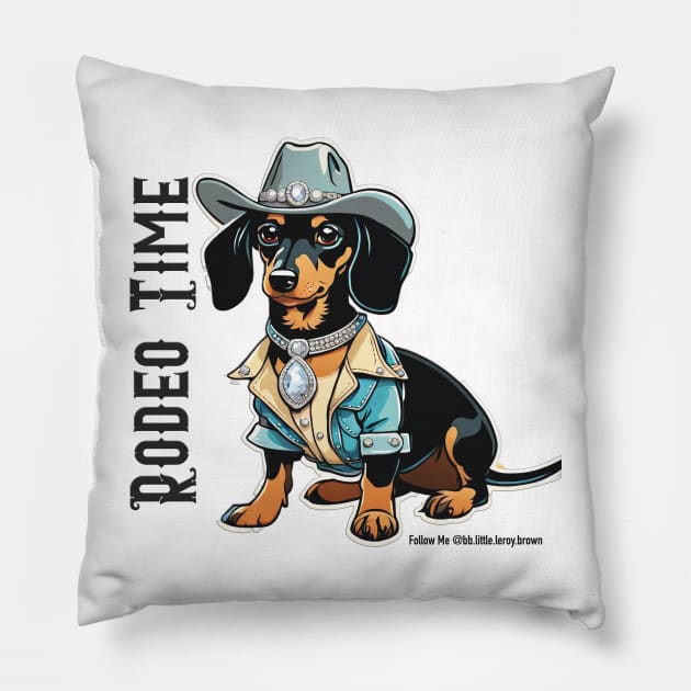 RODEO TIME (Black and tan dachshund wearing blue cowboy hat) Pillow by Long-N-Short-Shop