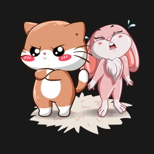 White Brown Cat with Cute Baby Pink Rabbit T-Shirt