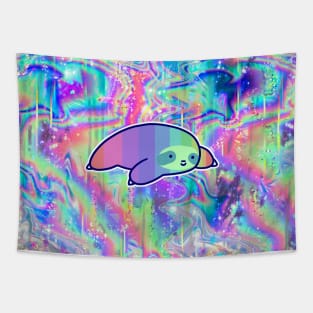 Colorful Pastel Sloth Rainbow Holographic Tapestry