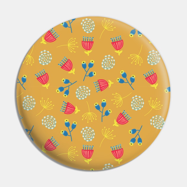 Scandinavian Doodle Leaves Blue Red Gold Pin by Sandra Hutter Designs