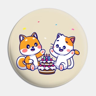 Cute Shiba Inu Dog And Cat With Birthday Cake Cartoon Pin