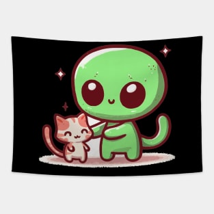 Alien hugging cat funny Tapestry