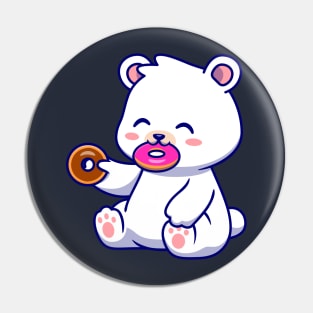 Cute Polar Bear Eating Doughnut Cartoon Pin