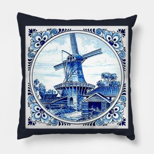 Dutch Blue Delft Large Windmill Scene Print Pillow