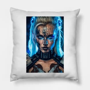 Strong Female Cyborg in Blue Pillow