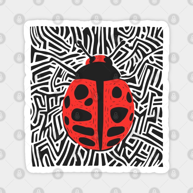 Bold Ladybug Linocut Design in Striking Patterns Magnet by TuncGK