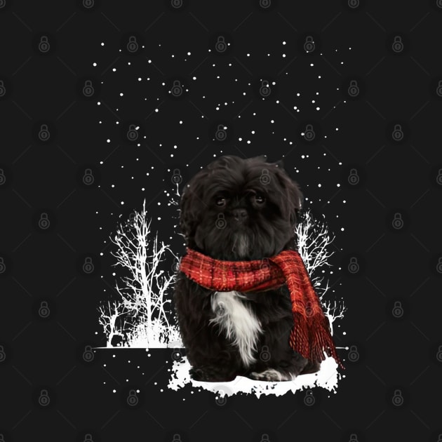 Christmas Black Shih Tzu With Scarf In Winter Forest by TATTOO project