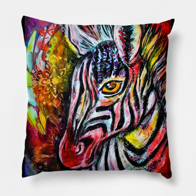 Colourful Painted Zebra Pillow by Heartsake