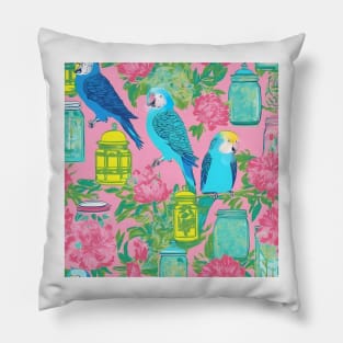 Preppy budgies and chinoiserie jars on pink Pillow