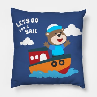 Cute bear the animal sailor on the boat with cartoon style. Pillow