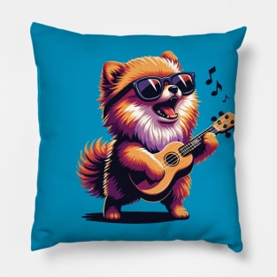 Dog Playing Guitar Singing Pomeranian Pom Funny Pillow