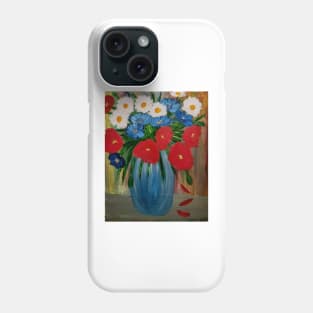 Some poppies and carnations flowers in a metallic blue vase Phone Case