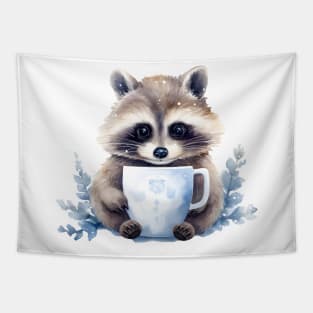 Chubby Raccoon with a cup of coffee winter watercolor Tapestry