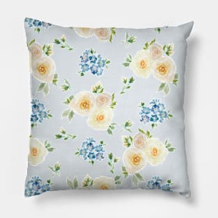 Dainty White Roses, Blue Forget Me Not Floral Painterly Pillow