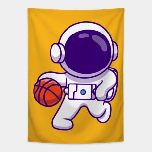 Cute Astronaut Playing Basketball Cartoon Tapestry