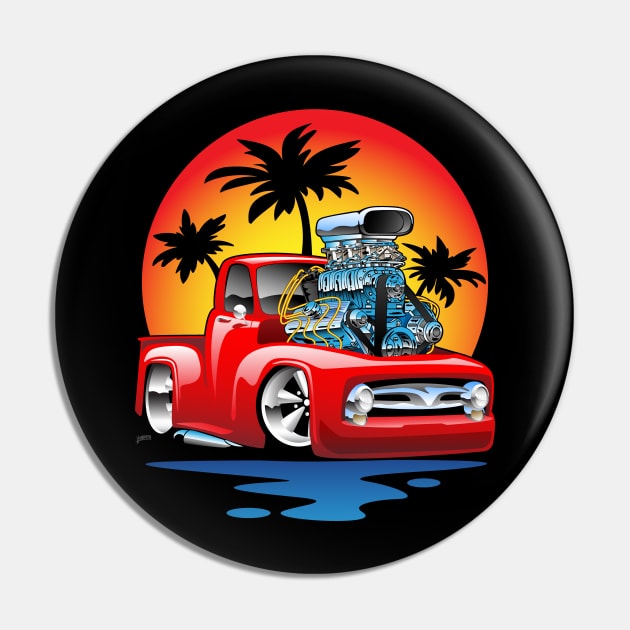 Classic American Hot Rod Pick-up Truck with Sunset Cartoon Pin by hobrath