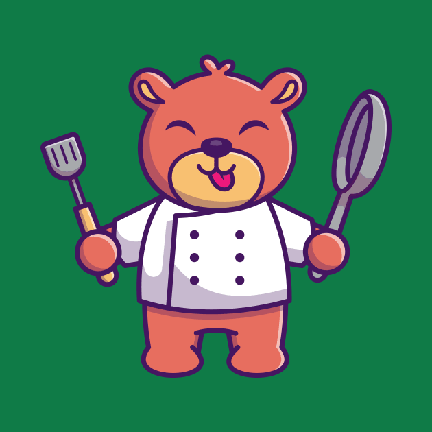 Cute Chef Bear Holding Pan And Spatula Cartoon by Catalyst Labs