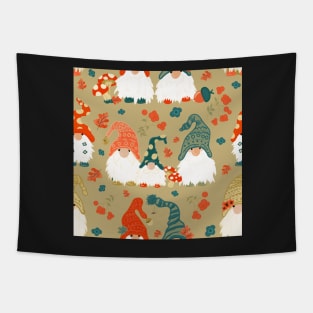 Autumn Gnomes with Long White Beards and Knitted Hats on Green Background Tapestry