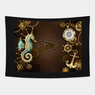 Wooden Background with Mechanical Seahorse ( Steampunk ) Tapestry