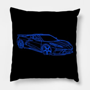 Blue C8 Corvette Racecar 3/4 view Silhouette Outline Blue Supercar Sports car Racing car Pillow