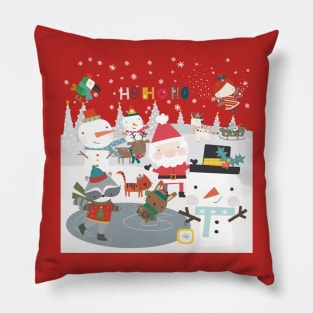 Fun greeting card with Santa and friends having a Christmas party outside Pillow
