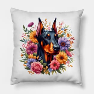 A doberman with beautiful colorful flowers Pillow