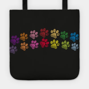 Cute doodle hand drawn colorful paw prints foot step vector black background Tote